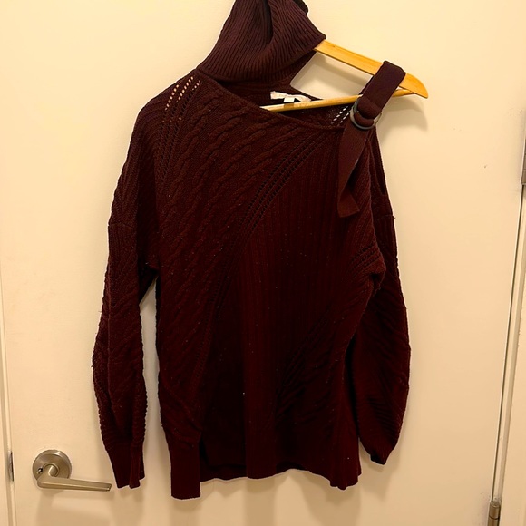 Burgundy asymmetric merino wool sweater with a buckle by Jonathan Simkhai - Picture 2 of 4